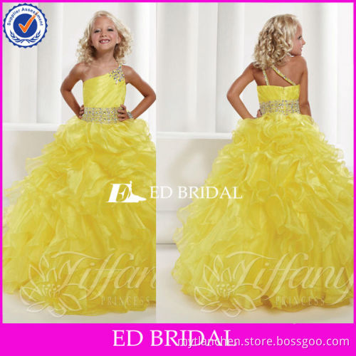 2013 new arrival A-line scalloped one shoulder Beaded bodice ruched organza flower girl dress